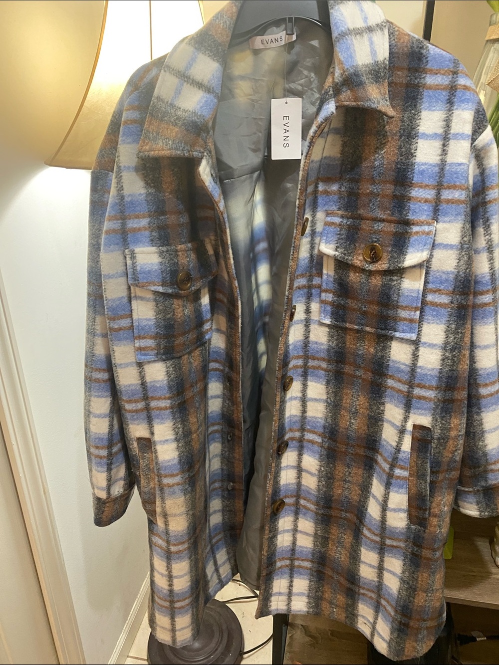 Evans Blue & Brown Plaid Long Coat